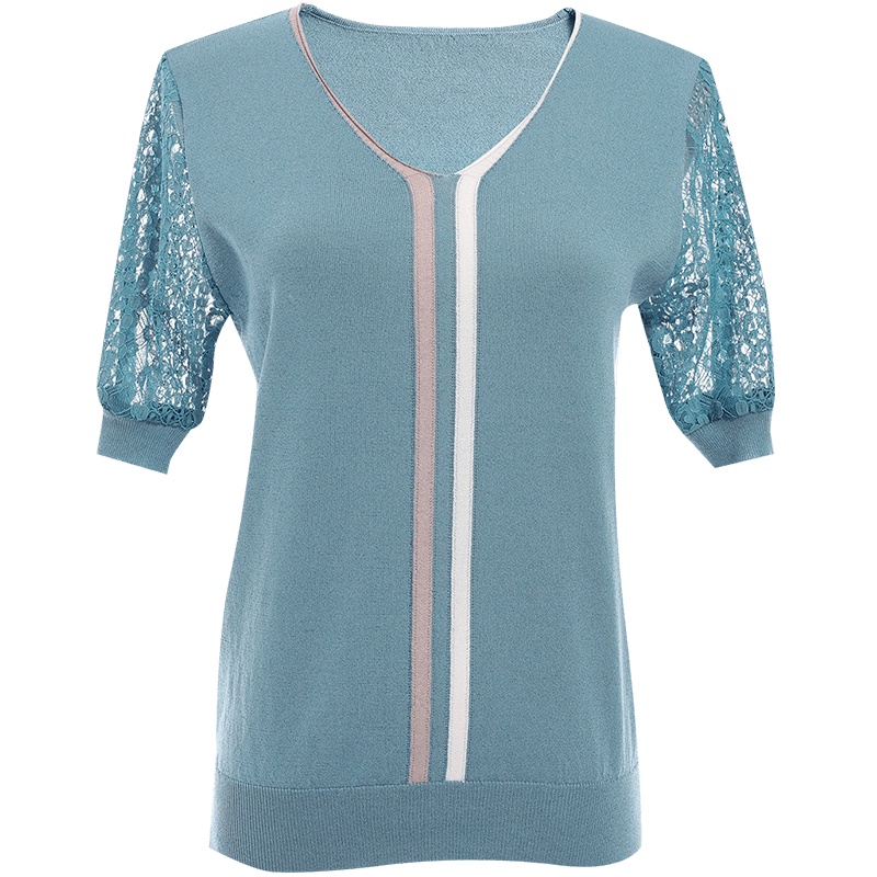 欧昵雪V领拼接蕾丝短袖显瘦上衣女拼色宽松针织衫