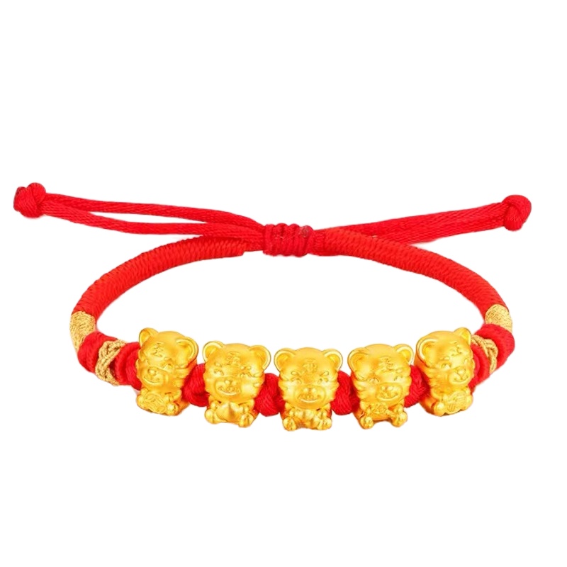Letrange3D硬足金五福虎福气满满金刚结红绳手链黄金手链
