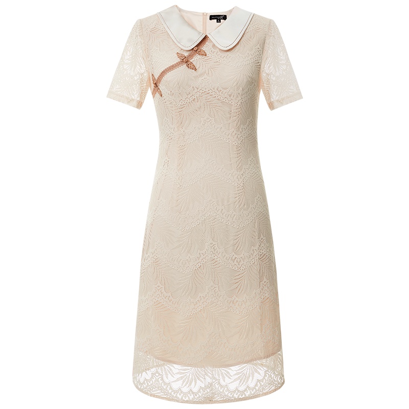 欧昵雪中国风蕾丝裙子夏季复古娃娃领盘扣旗袍连衣裙女