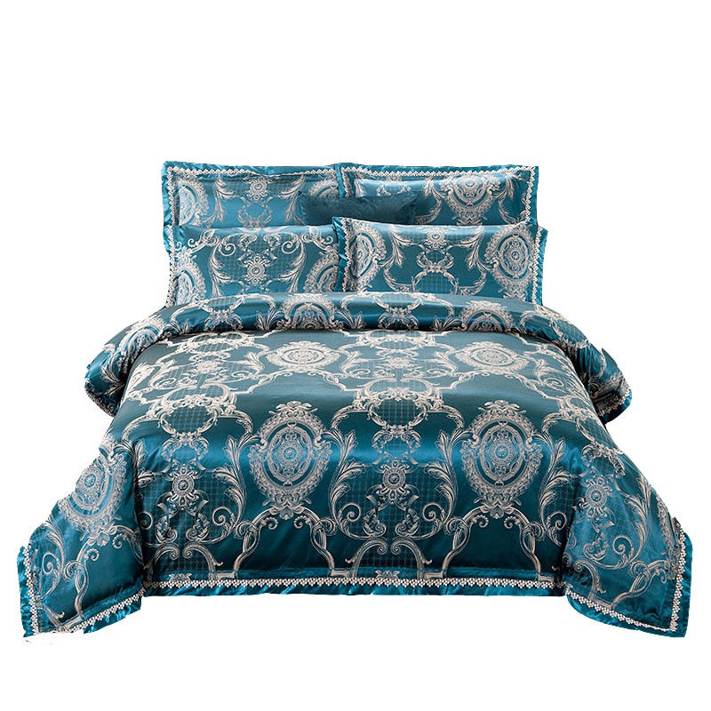 吉岳Jiyou贡缎提花丝夹棉四件套欧式优雅风丝滑亲肤全棉里料镂空花边设计床单床盖可选四件套