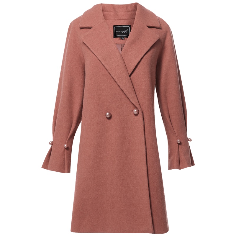 欧昵雪秋冬季喇叭袖中长款毛呢外套女双排扣呢子大衣