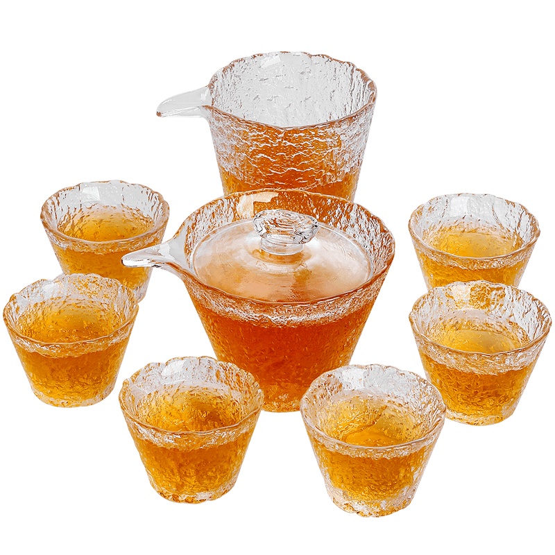 领艺日式玻璃功夫茶具套装加厚耐热透明茶杯家用办公室用喝茶泡茶 玻璃锤纹冰露茶具套装8头