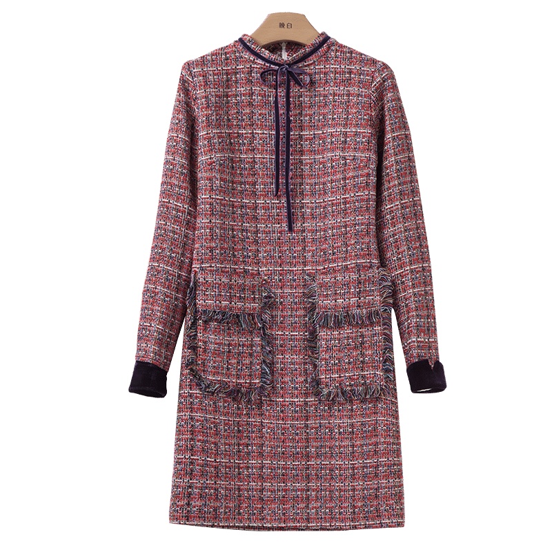 晚白 2020春季新品时尚名媛淑女小立领通勤简约小香风长袖连衣裙女