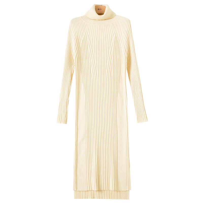 晚白2020冬季新品通勤纯色高领长袖简约百搭毛衣裙针织连衣裙女