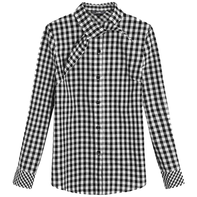 【热卖】黑白格子衬衫女2019春夏韩版宽松设计感小众学院风蝴蝶结长袖衬衣20011643