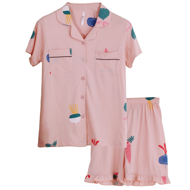 红豆居家春夏款女士纯棉彩色印花甜美俏皮少女风短袖家居服套装