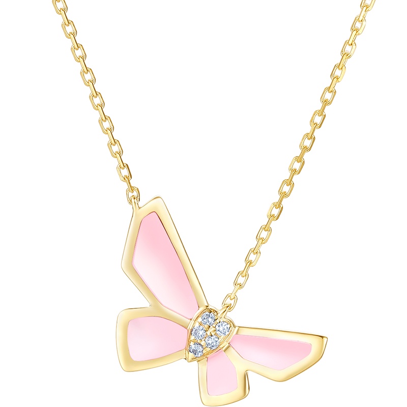 周大生正品18K金钻石空窗珐琅蝴蝶樱花粉气质温柔项链DC