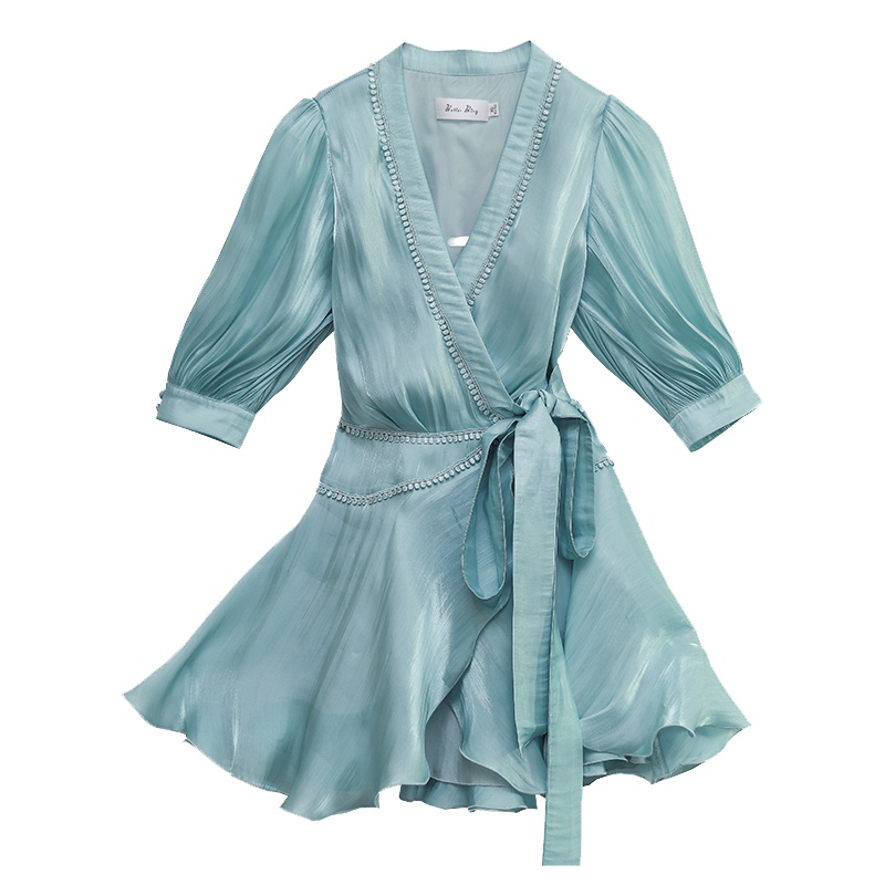 2019新款夏名媛气质V领收腰系带五分袖荷叶边短裙连衣裙