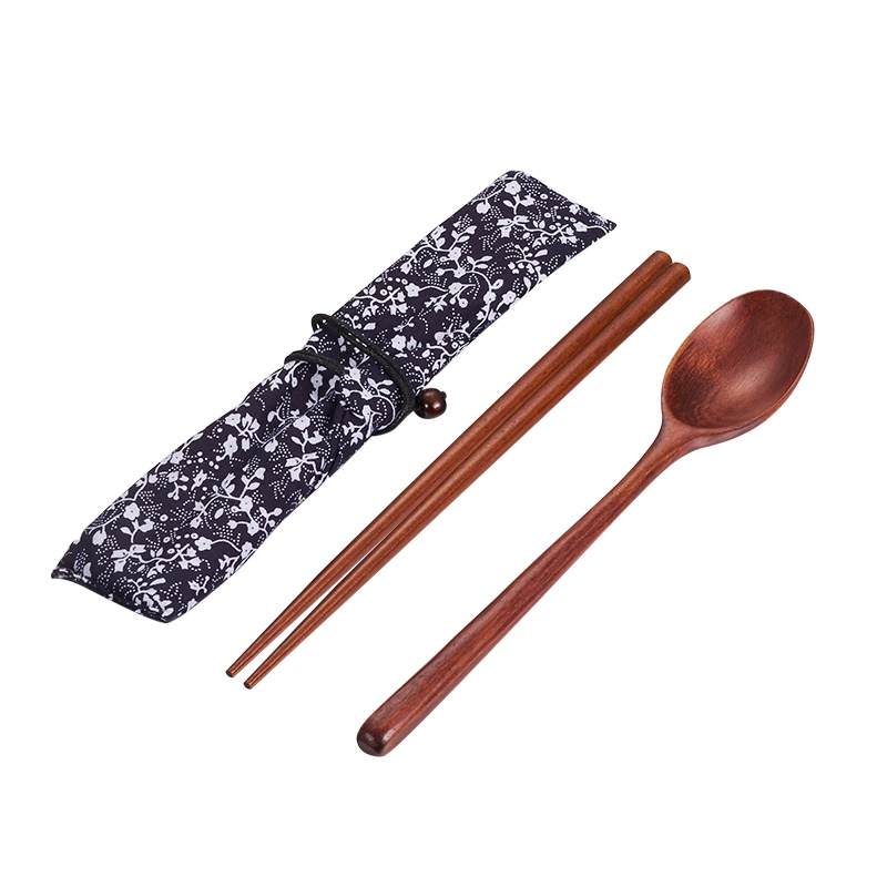 阳光飞歌 实木环保旅行餐具套装 日式优质原木勺子筷子套装 布艺便携袋