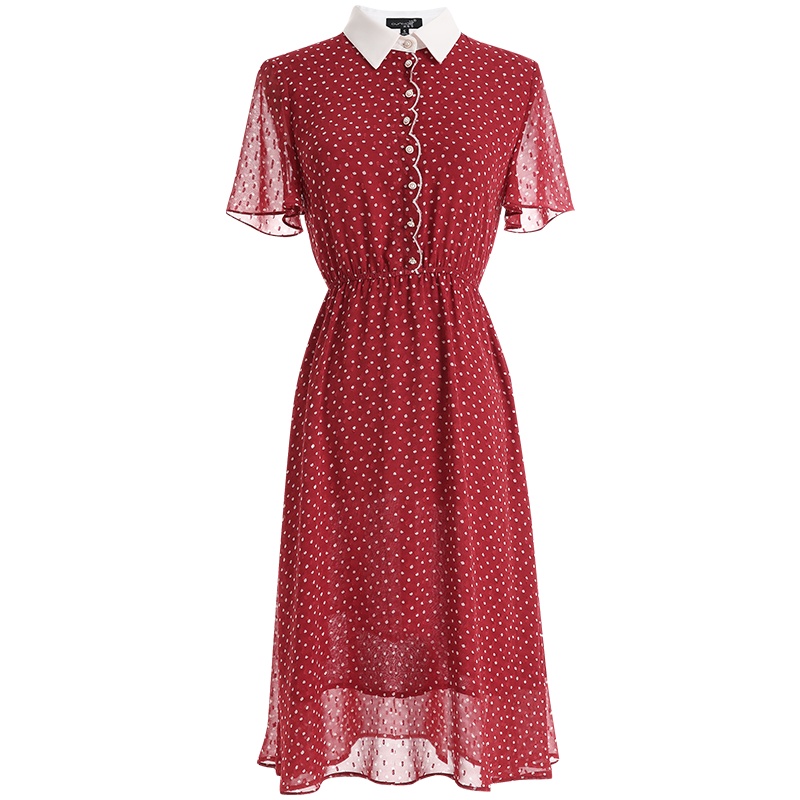 欧昵雪夏季polo领拼接荷叶短袖收腰波点雪纺连衣裙女中裙