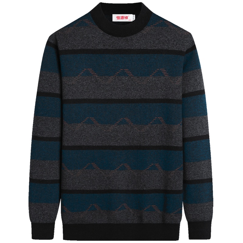 恒源祥羊毛衫男冬季加厚100纯羊毛中年半高领针织衫撞色条纹毛衣男