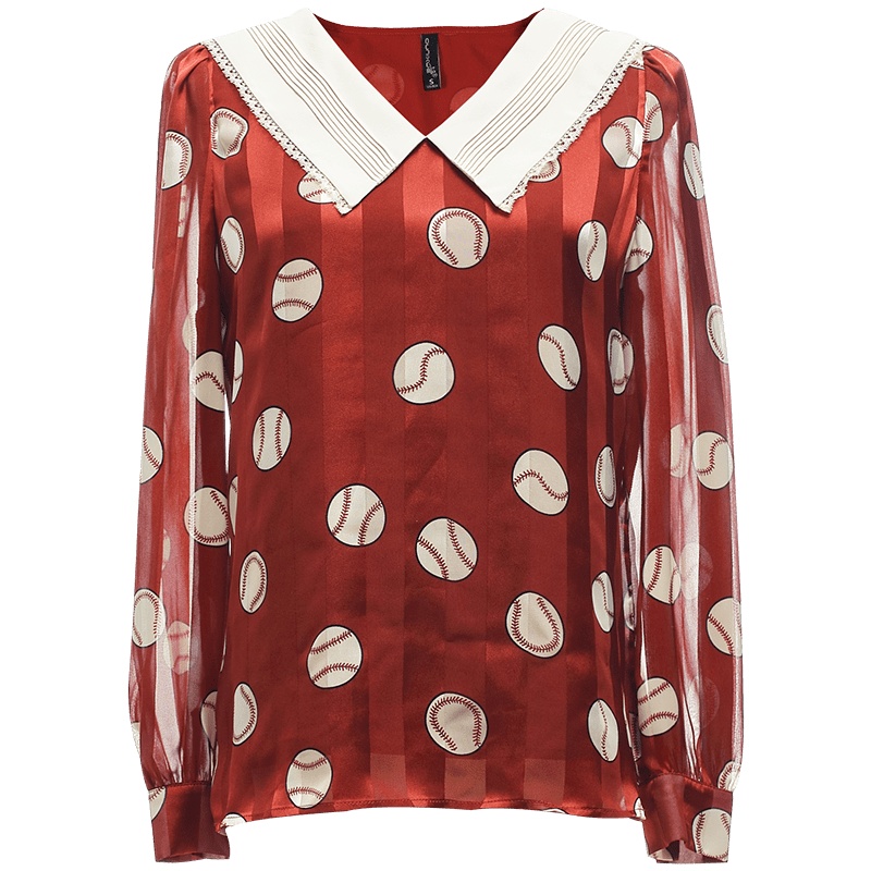 欧昵雪花边娃娃领显瘦波点雪纺衬衫女长袖设计感上衣