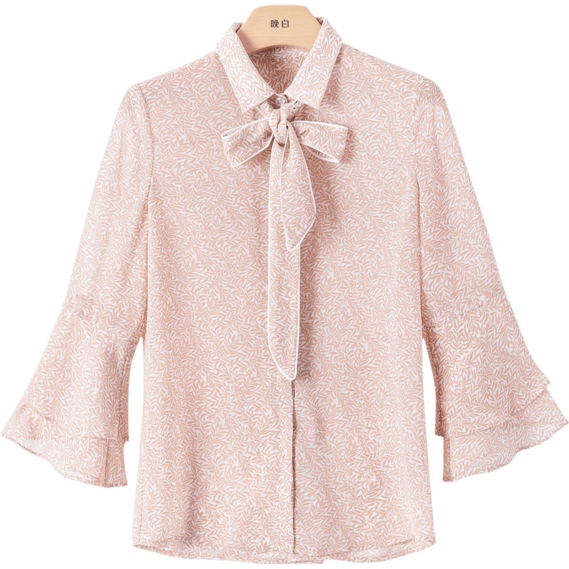 晚白2020夏季新品时尚通勤印花百搭翻领荷叶袖休闲雪纺衬衫衬衣女