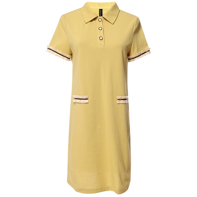 欧昵雪夏季Polo领宽松纯棉针织连衣裙女毛边短袖T恤裙子