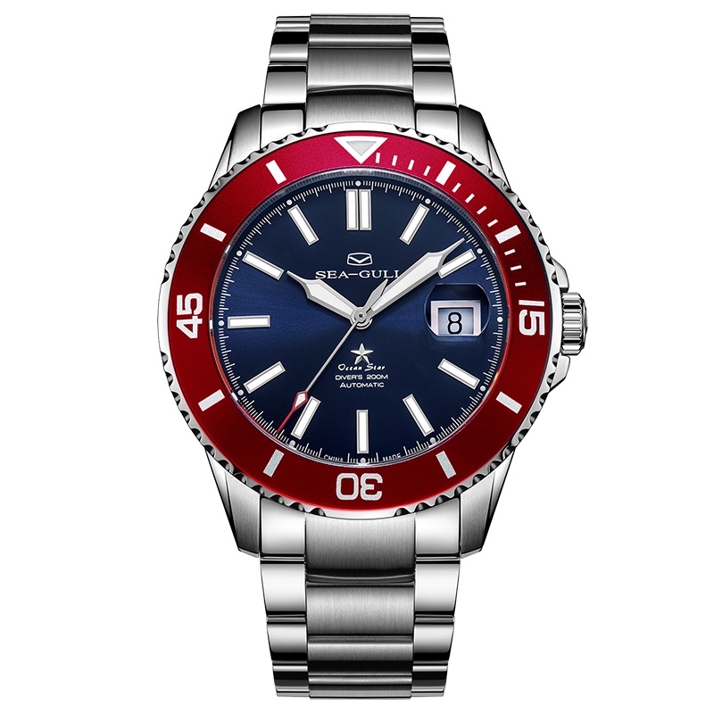海鸥表(SEAGULL) 红圈条棍钢带 夜光自动机械表 海洋之星 6113