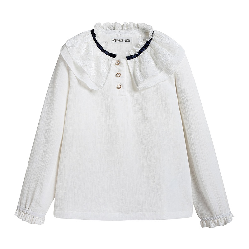 IKALI女童荷叶领雪纺长袖衬衫 公主范白色易搭打底衬衫