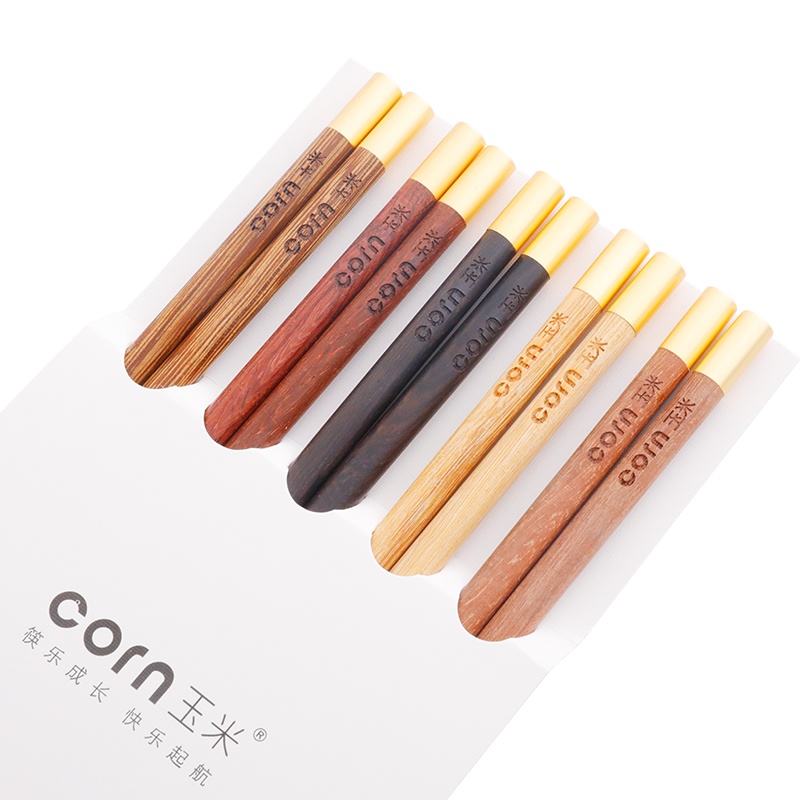 玉米 实木福字儿童筷子 五色五木25cm5双装 宝宝专用幼儿园小短快子小孩实木家用木头筷子