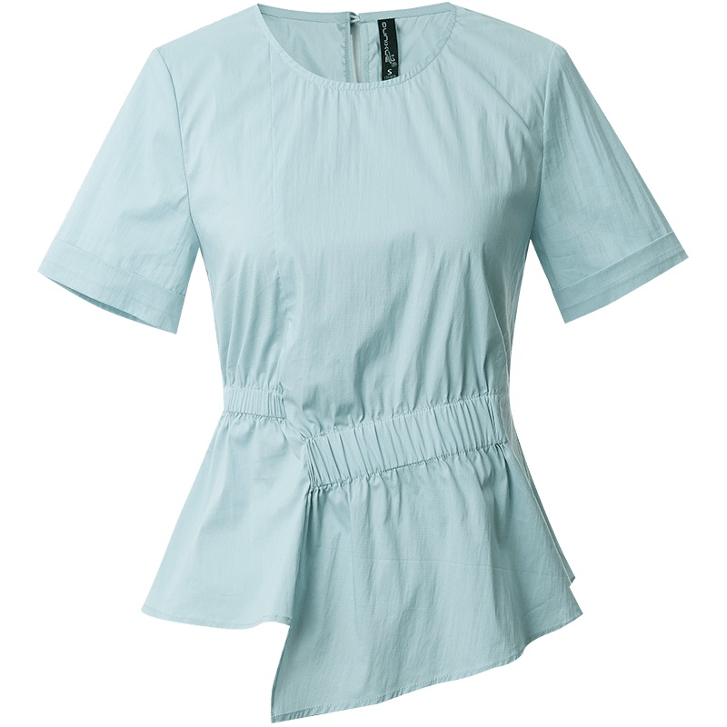 欧昵雪荷叶边棉质小衫夏简约圆领不规则收腰短袖衬衫女