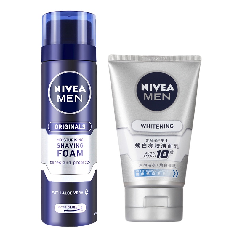 妮维雅(NIVEA)男士洁面套装(清爽舒缓柔软刮胡泡200ml+亮肤洁面乳100g)