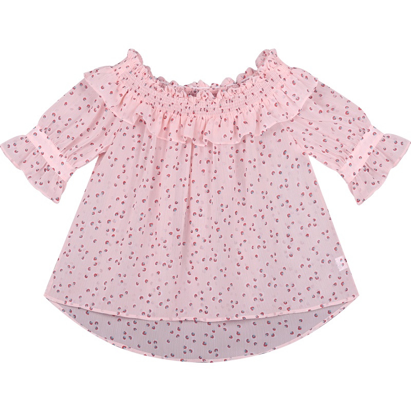 很仙的上衣洋气短袖超仙红一字肩雪纺衫甜美公主粉色洋气小衫夏