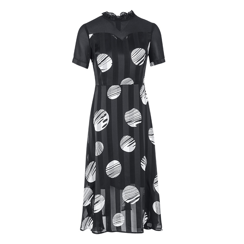 晚白 2020夏季新品时尚木耳领短袖收腰显瘦中长款印花雪纺连衣裙女