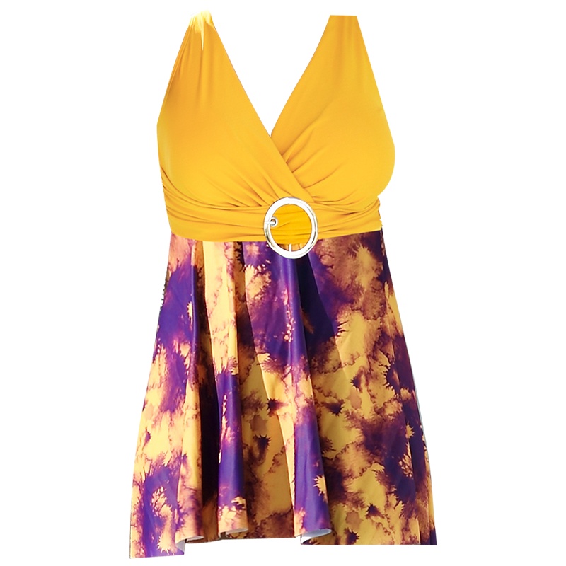 OOK连体裙式泳衣女保守遮肚显瘦游泳衣大胸聚拢性感大码泳装新款 黄色