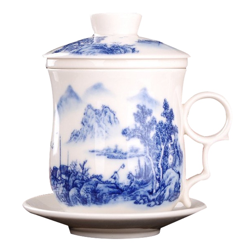 彩帮景德镇陶瓷茶杯套装 家用带盖过滤青花瓷杯子办公室茶水杯 300ML金鱼四件套水杯