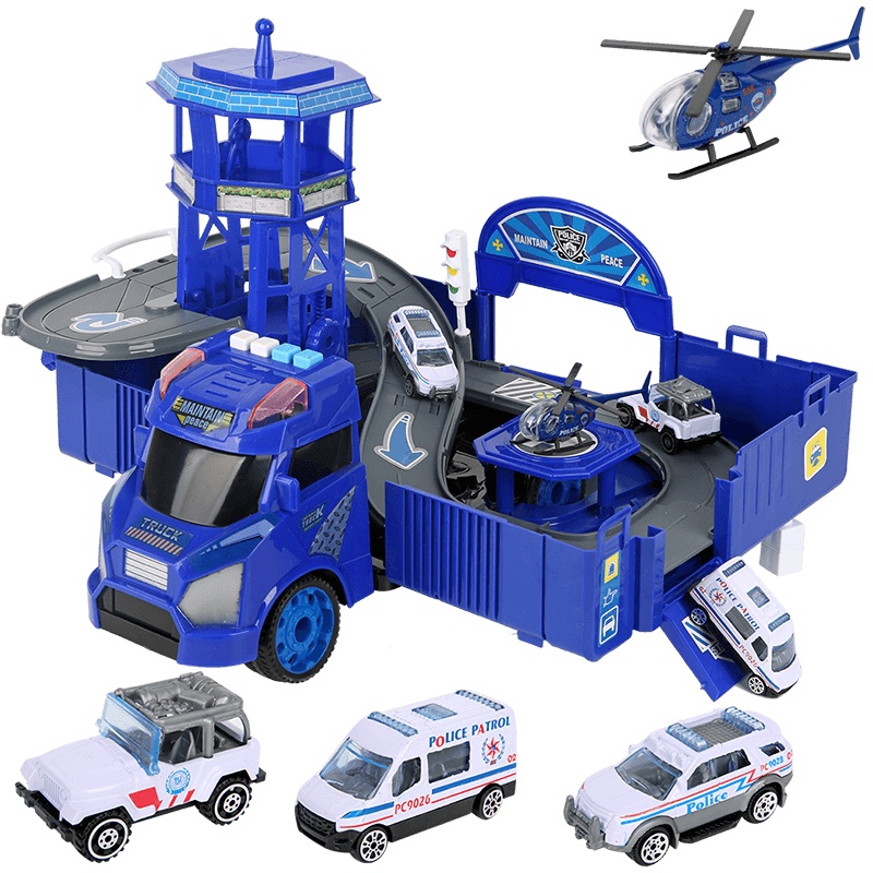 勾勾手(gougoushou)儿童益智玩具带灯光音效可升降可变形多层轨道停车场3-6岁男孩汽车玩具可变形特警车停车场蓝色