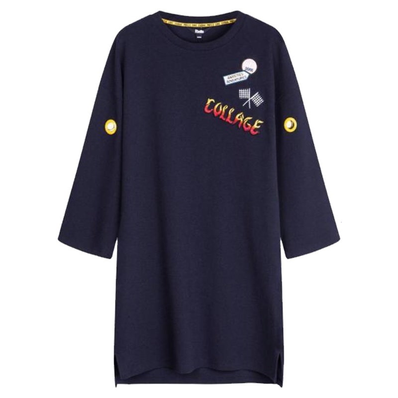 【热卖】宽松连衣裙女套头2018春装新款韩版时尚百搭学生七分袖短款裙子20011678