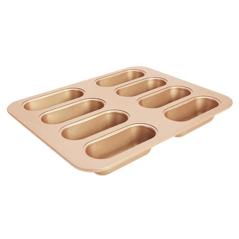 学厨 8连杯长条型蛋糕面包模具 32.5*25.8*4cm 香槟金色迷你不粘热狗汉堡烤盘 家用烤箱用具 WK9145