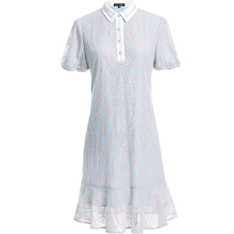 欧昵雪 夏蕾丝连衣裙女纽扣翻领灯笼袖短袖鱼尾裙短裙X