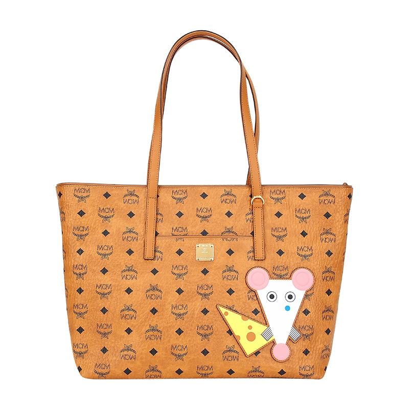 MCM 女士棕色人造革小老鼠奶酪图案手提包单肩包大号托特包大容量大包 MWPASVI05CO001