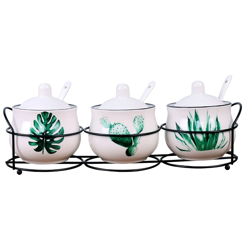 陶瓷调味罐 创意欧式调料盒 厨房家用调料瓶组合三件套调料盒套装 辣椒味精盐罐组合装 带黑铁架LY-250