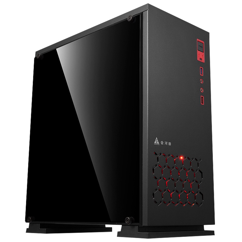 金河田预见N6PLUS台式电脑机箱游戏侧透背线M-ATX黑色机箱+2个红光风扇