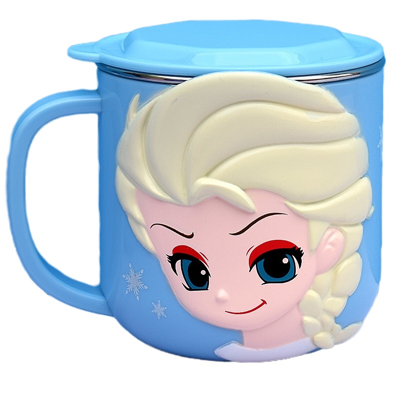 迪士尼女宝宝幼儿童公主餐具水杯家用牛奶杯幼儿园不锈钢口杯防摔喝水杯子带盖250ML-冰雪奇缘艾莎公主不锈钢水杯