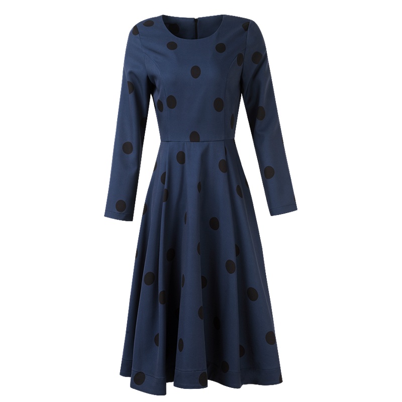晚白2021春季新品时尚大波点印花圆领长袖修身高腰A字连衣裙女