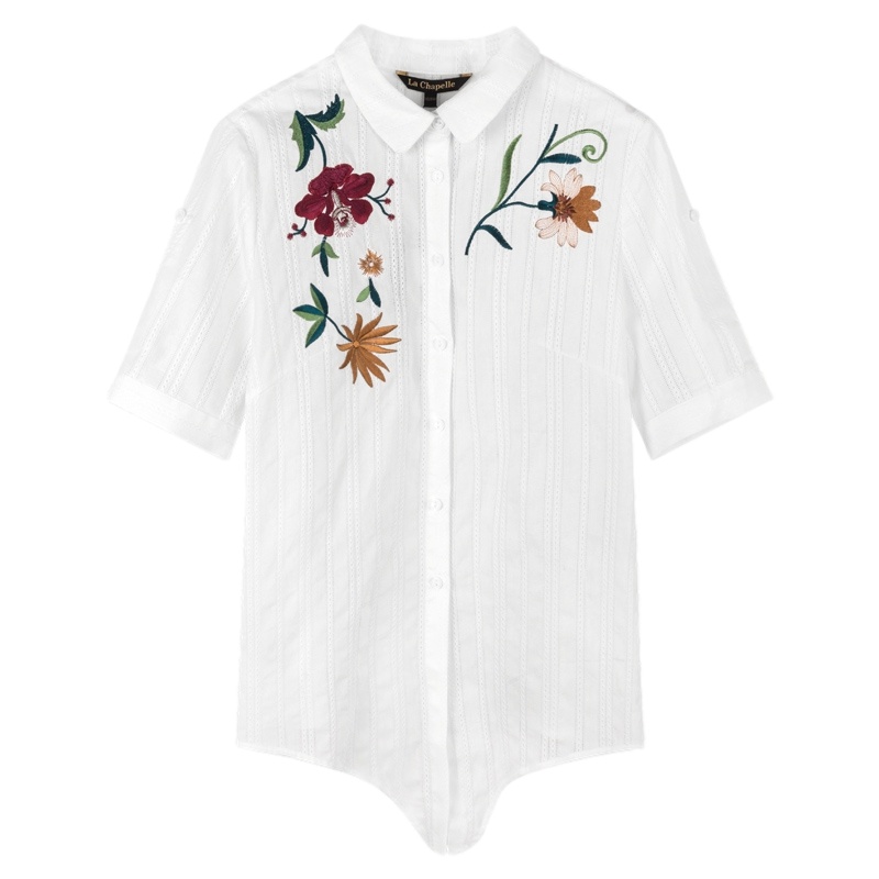 拉夏贝尔新款女装夏装韩版宽松短袖衬衫白色百搭刺绣上衣夏季 白色 S