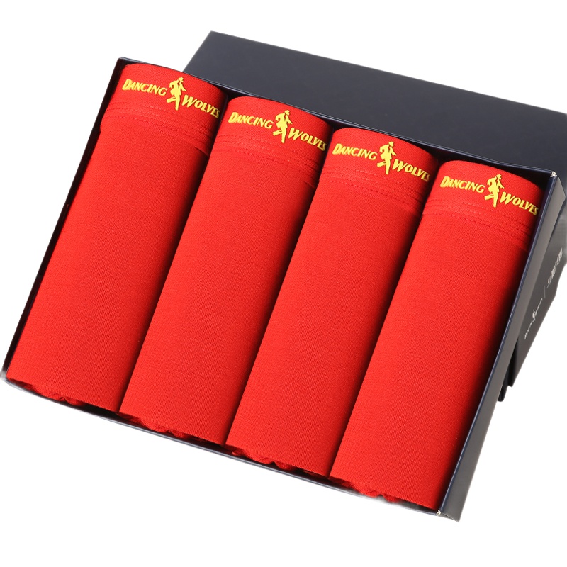 与狼共舞内裤 男士大红平角内裤 四条盒装