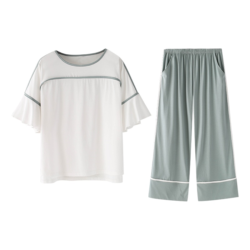 乌拉拉公主丝光棉睡衣女棉质中袖简约时尚可外穿七分裤家居服套装