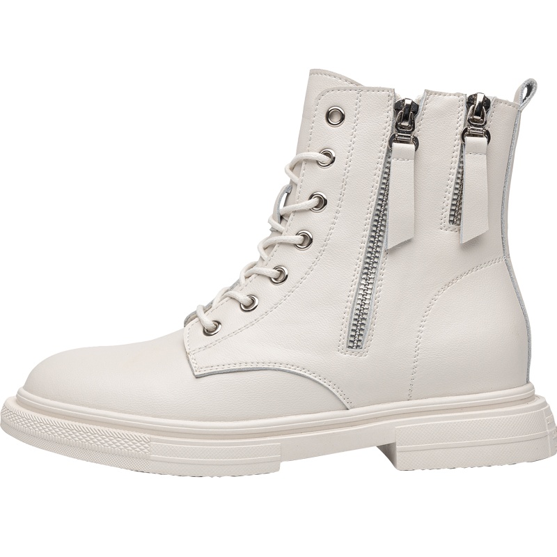 马克华菲2020拉链流苏平底短筒中跟侧拉链真皮马丁靴白色黑色女鞋