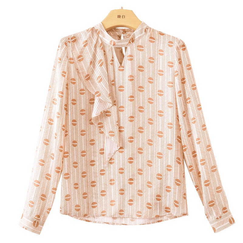 晚白2021春季新品立领长袖印花荷叶边休闲常规雪纺衫衬衫衬衣女