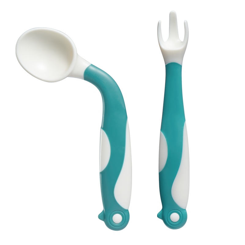 aag宝宝学吃饭训练勺子 辅食弯头叉勺套装一岁可弯曲儿童婴儿餐具千草蓝