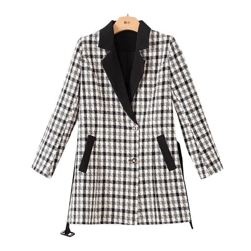 晚白2020冬新品职业简约格子修身显瘦中长款小香风西装毛呢外套女