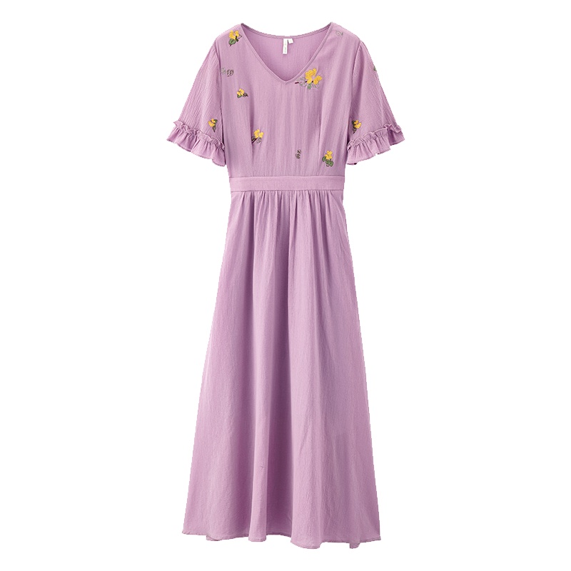 茵曼2019夏装新款V领花边袖甜美文艺收腰A摆森系甜美少女连衣裙女