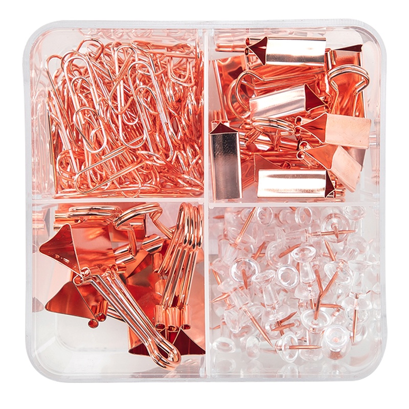 得力玫瑰金三针一钉办公组合工字钉回形针长尾票夹组合装桌面小工具金属多功能资文件夹图钉带盒78551