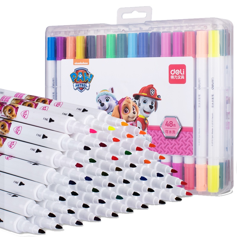得力汪汪队立大功双头水彩笔套装细头儿童幼儿园学生用彩笔软头水彩画笔48色可水洗安全无毒绘画70719FEN