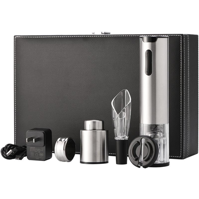 CLITON电动红酒开瓶器皮盒套装 锂电池充电式带电量显示自动开红酒器 倒醒酒器红酒塞酒环