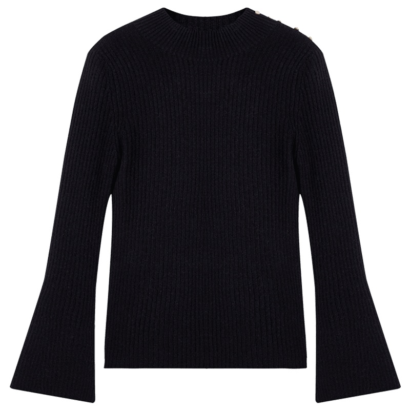 鄂尔多斯1980 半高领抽条优雅喇叭袖珍珠扣百搭羊绒衫