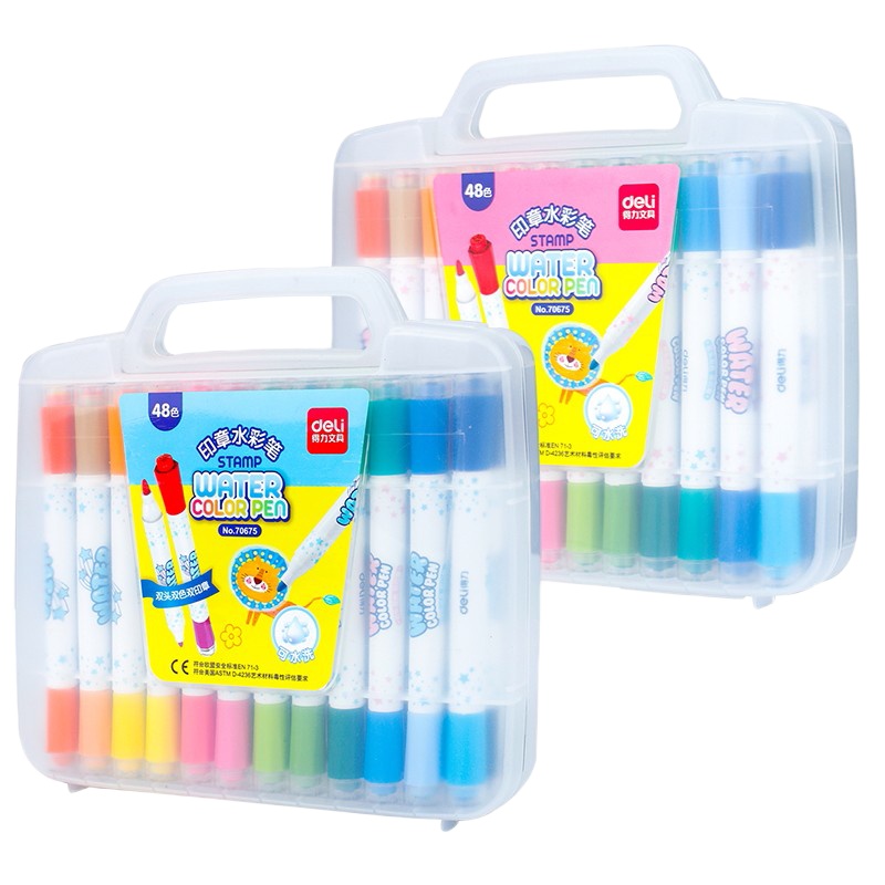 得力(deli)48色盒装圆杆可水洗学生水彩笔/双头双印章绘画彩笔 儿童涂鸦笔70675