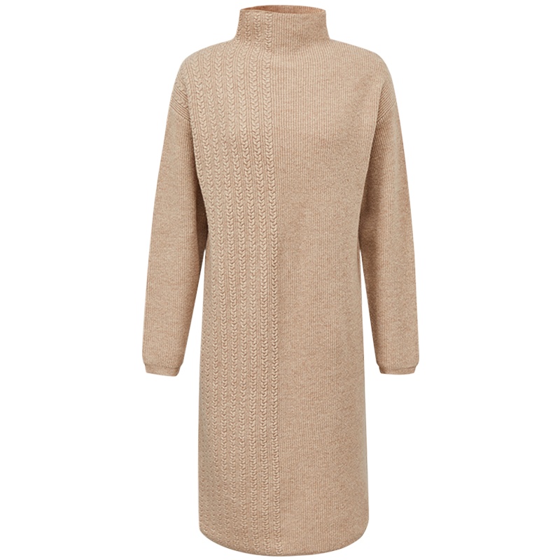 [2件2折价:93]纯羊毛MECITY女装冬季新款拼接设计感宽松半高领长袖连衣裙女